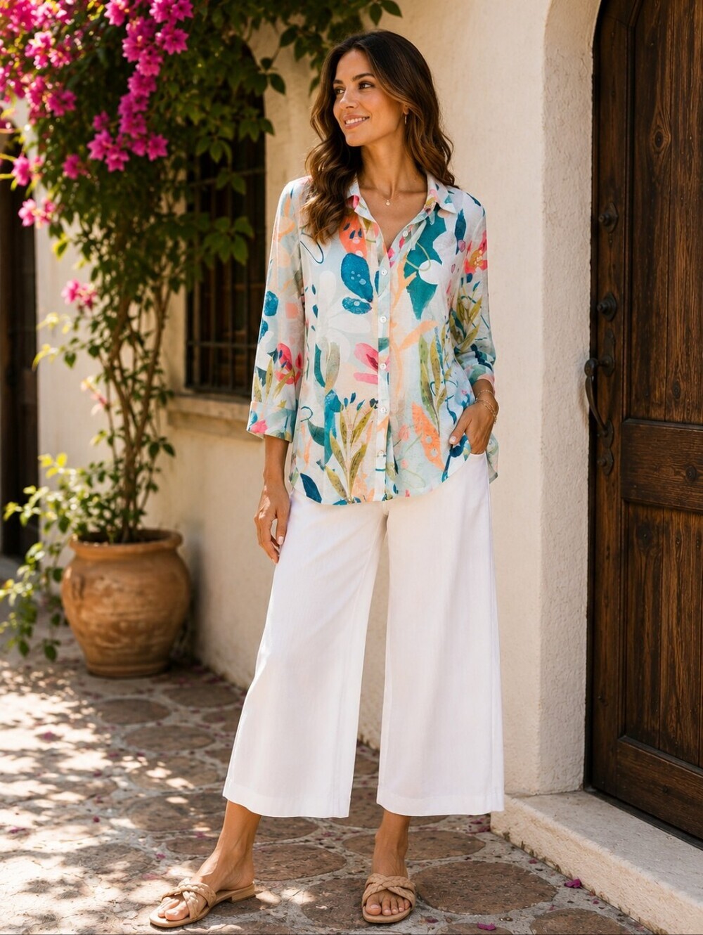 Jess & Jane Lemonade Abstract Floral Lightweight Button Front Top Small